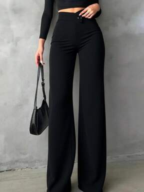 Pantalon droit noir unicolore, élégant et décontracté pour femmes. La taille asymétrique en V accentue les courbes, convient pour le port quotidien, le travail, les sorties et les vacances.