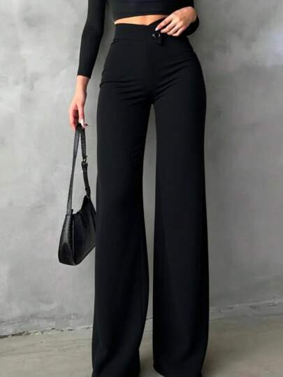 Women's Solid Black Casual Elegant Straight-Leg Pants, Back To School Asymmetrical V-Shaped Waistline Accentuates Curves, Suitable For Daily Wear, Office Commute, Dates, Holidays