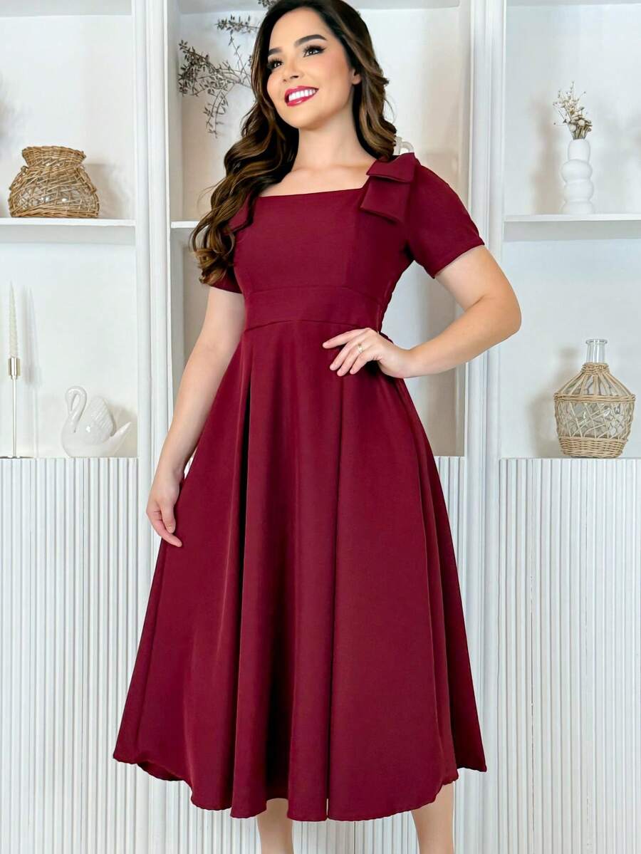 LivanModas Elegant Women's Viscose Dress With Sleeves And Bow Detail – Sophisticated Fashion - Màu Đỏ Sâu - Xem 1