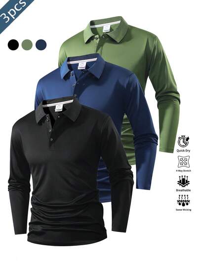 3pcs Men's Polo Shirts, Multi-Color Options, Golf Shirts, Moisture Wicking Breathable Button-Up T-Shirts
