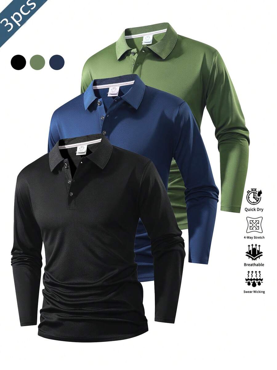 3pcs Men's Polo Shirts, Multi-Color Options, Golf Shirts, Moisture Wicking Breathable Button-Up T-Shirts Spring Sports - Multicolor - View 1