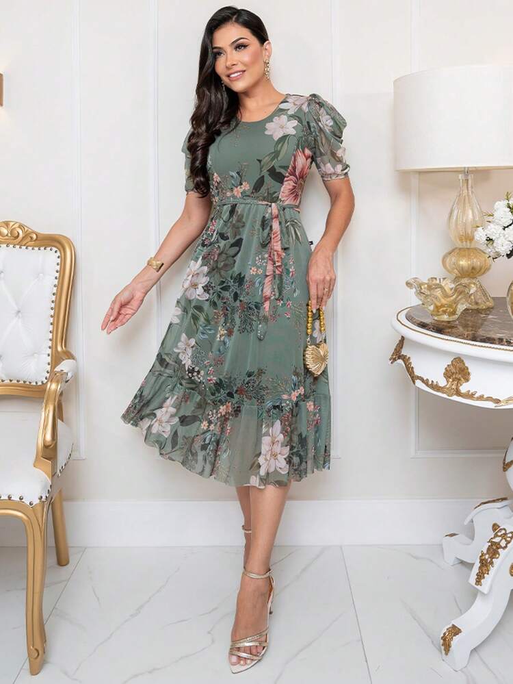 Vestido Feminino Midi de Tule Estampado Evangélico Plus Size - Verde Militar - Visão 4