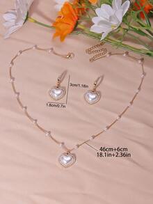 Heart Shape Faux Pearls Jewelry Set With Pendant Necklace & Drop Earrings Inlaid Shiny Rhinestones Elegant Jewelry Set Valentines - Multicolor - View 6
