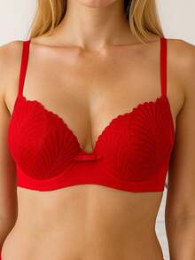 Basic Bra With Lace Cups - Red - View 2
