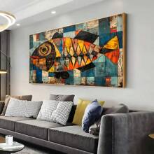 1 件现代抽象彩色鱼帆布艺术印刷品，70.0x140.0 厘米无框墙面装饰，适用于客厅和卧室，几何鱼图案，色彩鲜艳，客厅装饰 | 抽象鱼艺术 | 鲜艳的色彩艺术，鱼装饰 - 彩色 - 查看 1