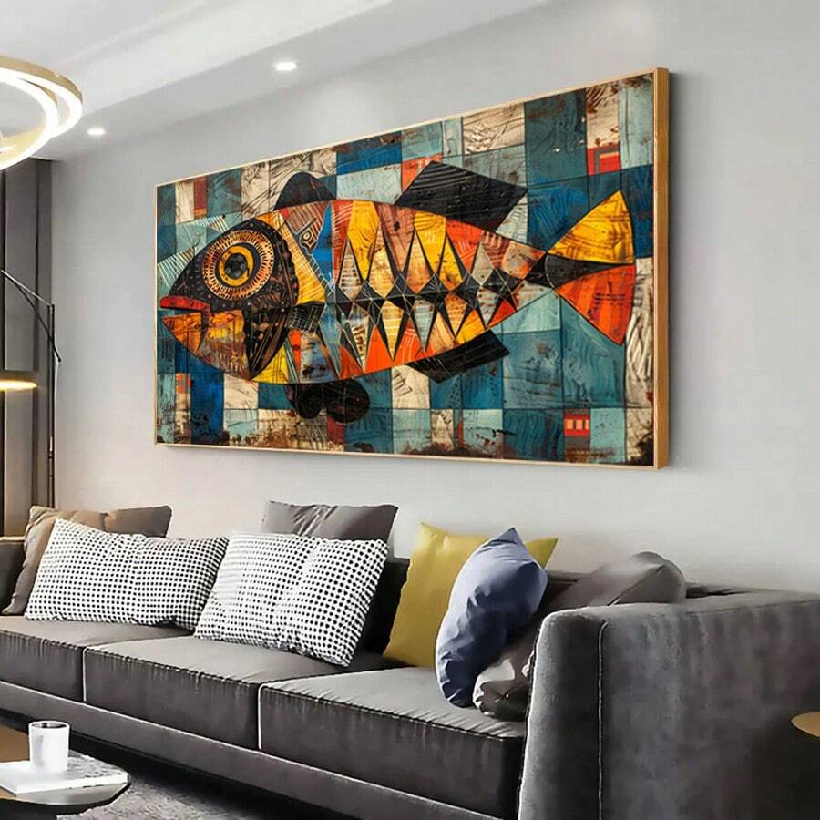 1 件现代抽象彩色鱼帆布艺术印刷品，70.0x140.0 厘米无框墙面装饰，适用于客厅和卧室，几何鱼图案，色彩鲜艳，客厅装饰 | 抽象鱼艺术 | 鲜艳的色彩艺术，鱼装饰 - 彩色 - 查看 1