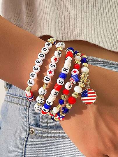 Set de 6 piezas de joyería de verano con encantos de moda personalizados, estilo hip hop, colgante geométrico de bandera americana roja, blanca y azul, pulsera elástica multicapa con cuentas con letras, adecuado para hombres y mujeres, atuendo del 4 de julio Día de la Independencia, regalo de joyería para fiesta de celebración