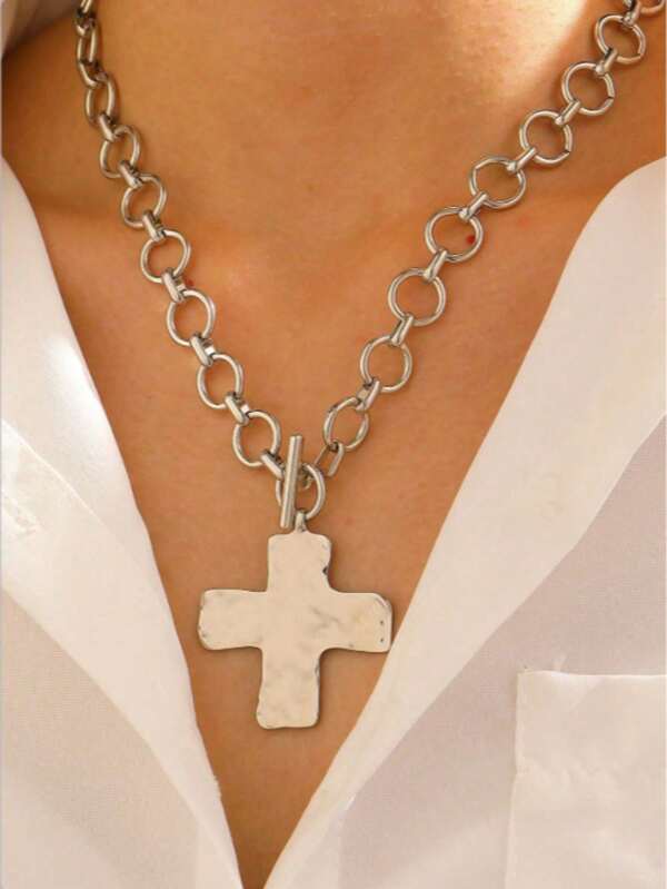 1pc Cross Pendant Circular Chain Interlocked Fashionable Versatile Necklace For Women