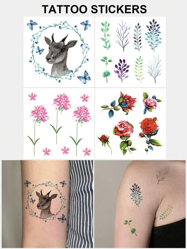 4pcs/Set Temporary Tattoo Stickers, Adult Body Fake Tattoo, Semi-Permanent One-Time Waterproof Sweat-Proof, Personalized Customized For Single Party, Women Wrist Arm Collarbone Chest Back Leg, Fresh Style Gift