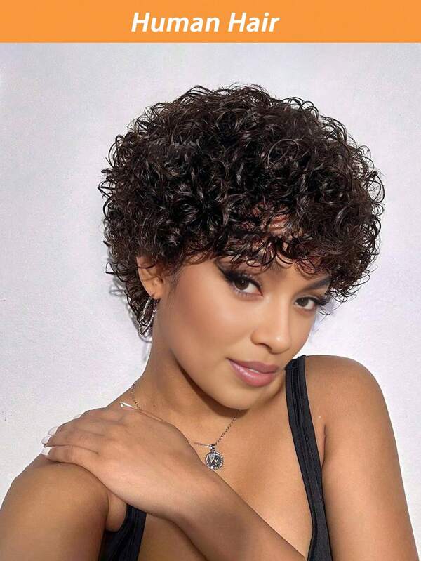 Korte Culry pruik van echt haar, 5 inch, kleur #4, voor vrouwen, Pixie Cut pruik, Braziliaans haar, 150% dichtheid, volledig machinaal gemaakt