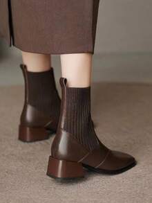 2025 Spring/Autumn New Arrival Elastic Sock Boots, Flat Heel Ankle Boots, British Style, Ankle Boots & Booties, Fall, Winter - Brown - View 3