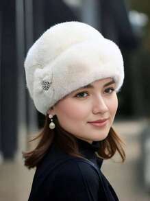 Faux Mink Fur Flower Hat, Fashionable Leather Warm Hat, Thick, Ear-Protective, Windproof, Solid Color, Washable - Suitable For Autumn/Winter Autumn Accessories