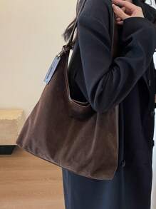 复古绒面革大容量休闲单肩托特包，拼布拼色托特包，优雅百搭女士通勤包 - 咖啡棕 - 查看 3