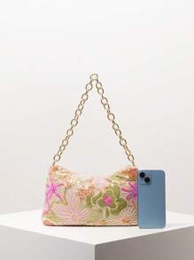 闪亮彩色亮片单肩包、花卉包、亮片包、新娘派对、金属链女士手提包、舞会包、舞会配饰、优雅女士包、婚礼用品、闪光舞会钱包（图案随机） - 彩色 - 查看 3