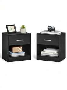 Bedside Tables, Set Of 2, Side Table With Drawer, Handle, Open Compartment, End Table, For Bedroom, Living Room, Classic Black - Black - View 6