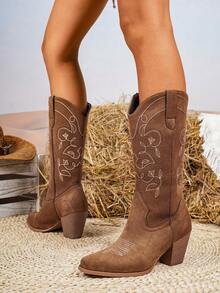 女士加大码V型尖头粗跟刺绣西部牛仔靴，麂皮内衬，秋冬新款户外时尚套脚中筒靴，牛仔靴，Coachella音乐节必备 - 鏽棕色 - 查看 5