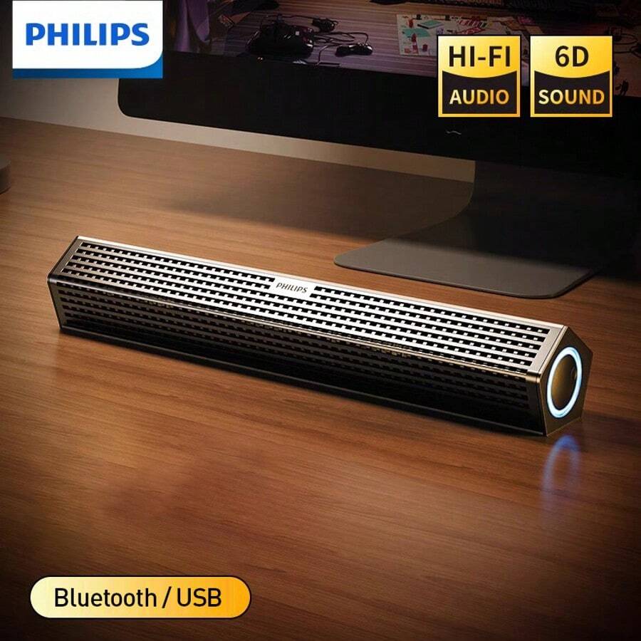 PHILIPS 台式电脑音箱，带动态 RGB 灯的蓝牙 5.1 电脑音箱，双连接模式电脑条形音箱，游戏音箱