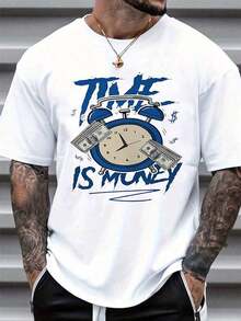 "Unisex 100% Cotton Round Neck Short - Sleeve T - Shirt - 'Time Is Money' Graphic Basic Tee For Summer Men's Tops" - White - View 7