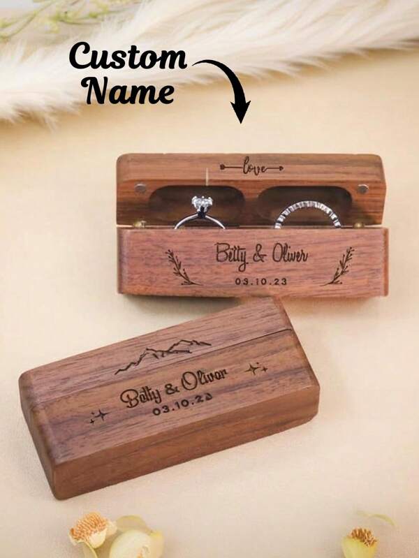 1 pieza Caja de anillo de madera personalizada, Caja de anillo doble oblonga, Caja de joyería magnética con grabado personalizado, Ranuras duales, Caja de intercambio de anillos de boda, Caja de almacenamiento de joyas, Caja de anillo de compromiso, Soporte de anillo de boda vintage y rústico, Impermeable, Ideal para aniversario de boda, Regalo para esposa/esposo, padre/madre, parejas, novia, boda