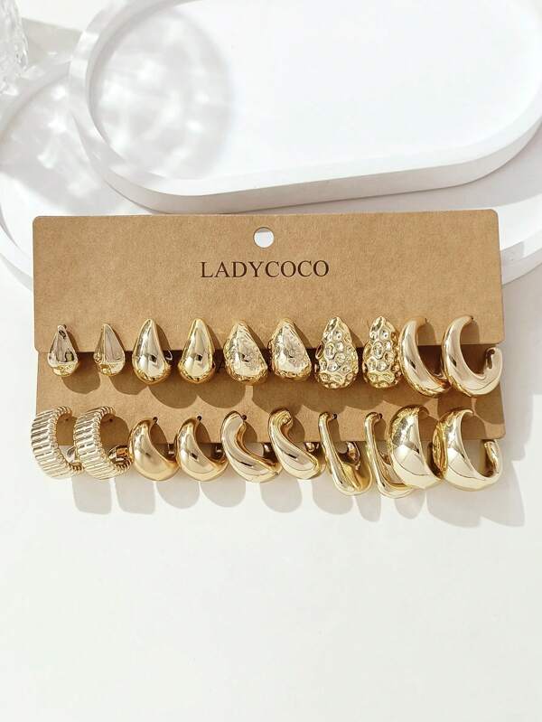 20pcs Elegant Gold-Tone Teardrop & C-Shaped Geometric Women Earrings Set