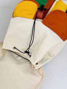 休闲拼色双口袋抽绳翻盖背包，女士便携式学校/校园包，适合学习、购物、返校季