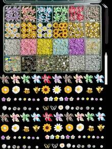 1Box Random Mixed ABS Cute Nail Charms 3D Yellow Bee Sunflower Little Daisy Flower Pearl Y2K Leopard-Print Flowers Round Rhinestone Nail Art Accessories DIY Suitable For Date Parties - 彩色 - 查看 2