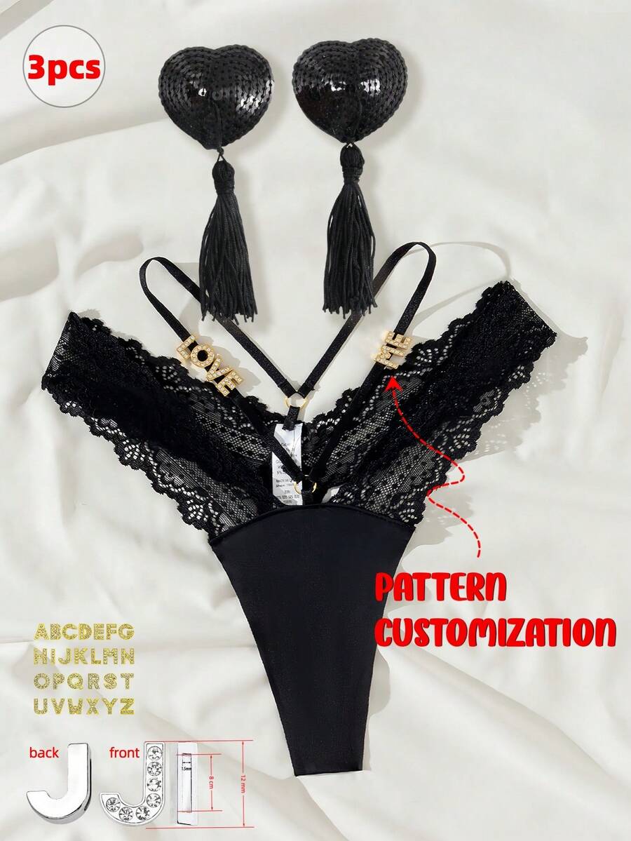 3PCS, Heart-Shaped Nipple Covers And Sexy Women's Lingerie, Customizable Crystal Letters, Personalized Text Available, Sexy Lingerie And Nipple Covers, Best Lingerie For Women. Perfect Gift For Girlfriend, Wife, Family, Valentine's Day Gift
