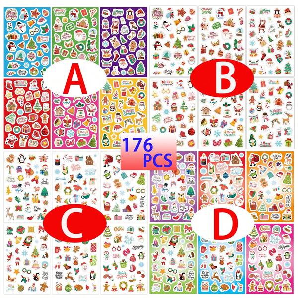 6 fogli/set di adesivi natalizi, 4 disegni di colori diversi, 176 adesivi unici con alberi di Natale, motivi di Capodanno, Babbo Natale, renne e pinguini. Adorabili disegni impermeabili per decorare quaderni, diari, memo
