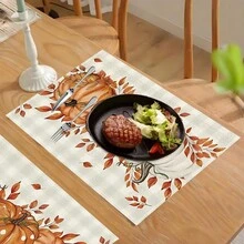 1 pieza/4 piezas/6 piezas Manteles individuales de lino con estampado de calabaza, decoración de Acción de Gracias, adecuados para mesa de comedor, todo el año, manteles de mesa modernos lavables, decoración del hogar, manteles individuales, posavasos, alfombrillas de cocina y comedor, decoraciones de fiesta interior y exterior, regalo ideal