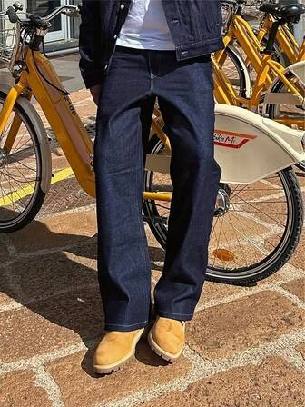 Solid Color Denim Jeans For Boys, Y2K Style, Loose Fit, Casual, Streetwear, Suitable For All Seasons, Straight Leg Pants For Teenagers And Young Boy