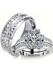 男女情侶時尚戒指套裝，1入不銹鋼男戒和2入銀色心形女戒，適用於婚禮、訂婚和禮品