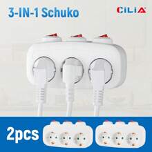 CILIA 1/2pcs EU Plug Adapter With 3 Sockets & 3 Individual Switches - 250V/16A White Power Strip ,Dorm Room Essentials College