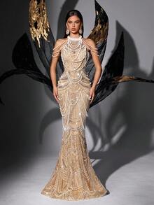 Luxury Handmade Beaded Sequin Backless Formal Dress, V-Neck - Champagne - View 2