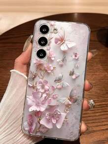 غطاء هاتف ناعم شفاف مزين بزهرة وفراشة وثيق التوافق مع هواتف سامسونج جالاكسي A04e/12/A13/A14/A34/A50/A52/A53/A54/S21/S22/S23/S24/S25/S25Ultra