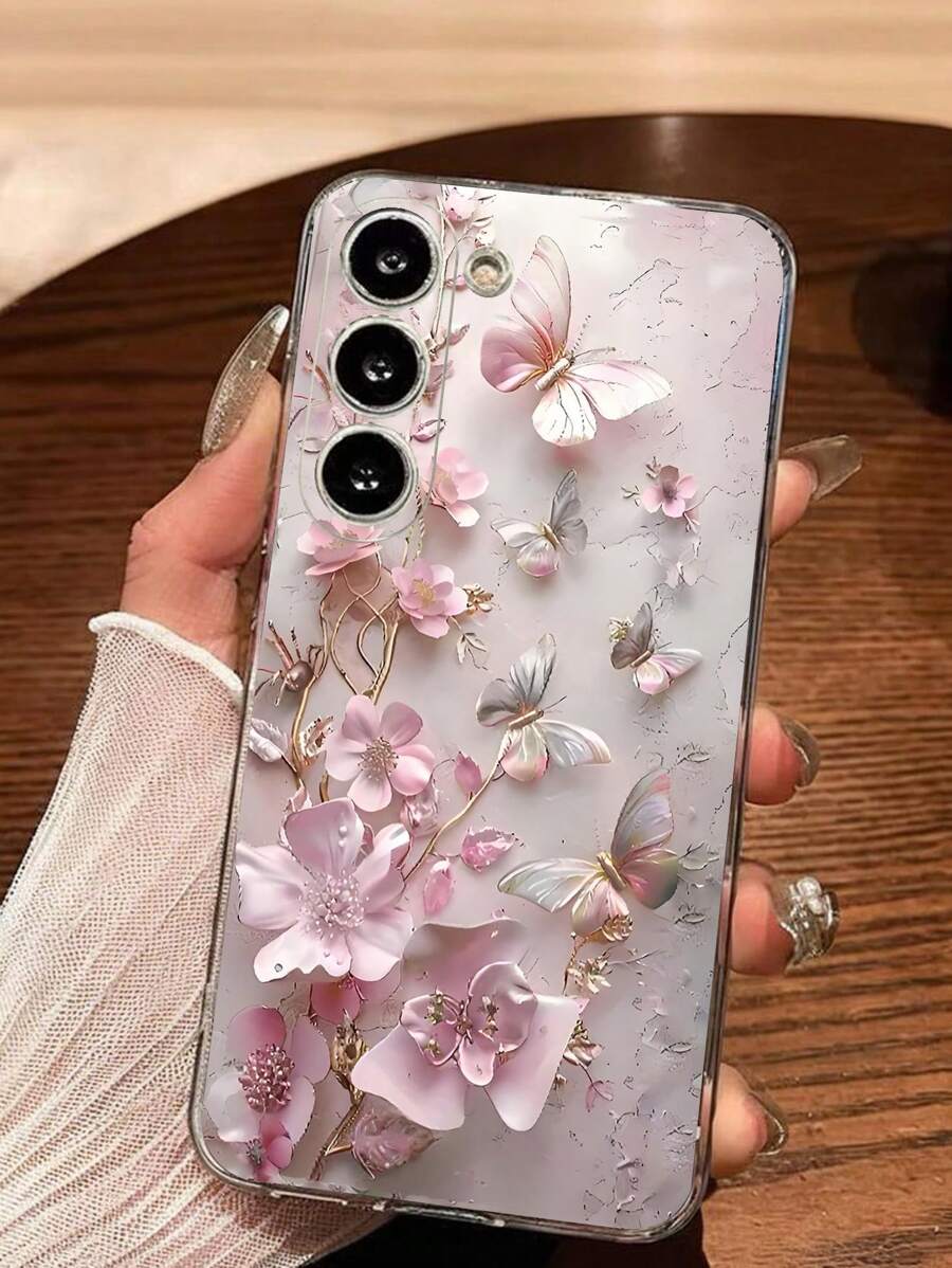 غطاء هاتف ناعم شفاف مزين بزهرة وفراشة وثيق التوافق مع هواتف سامسونج جالاكسي A04e/12/A13/A14/A34/A50/A52/A53/A54/S21/S22/S23/S24/S25/S25Ultra