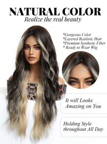 28 英寸棕色挑染金色长发自然波浪合成假发，适合女士中分自然造型假发，适合女孩日常上学、母亲节佩戴、万圣节、圣诞节礼物、女友礼物、女友礼物，非常适合日常假日旅行佩戴