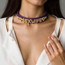 1件性感内衣配饰，紫色皮革水钻“SEXWIFE”颈链，个性化哥特角色扮演首饰 - 彩色 - 查看 2