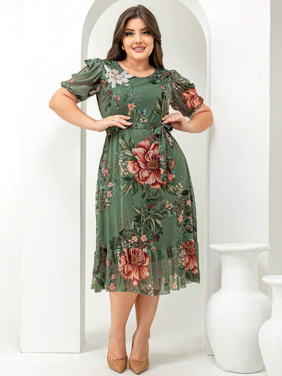 Women's Plus Size Evangelical Printed Tulle Midi Dress - 軍綠色 - 查看 1