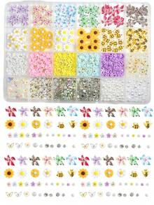 1Box Random Mixed ABS Cute Nail Charms 3D Yellow Bee Sunflower Little Daisy Flower Pearl Y2K Leopard-Print Flowers Round Rhinestone Nail Art Accessories DIY Suitable For Date Parties - 彩色 - 查看 6