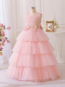 Girls Sequin Princess Dress Layered Tulle Ball Gown With Big Bow Back Formal Flower Girl Dress For Birthday Party Wedding Pageant Evening Occasion - 珊瑚粉 - 查看 5