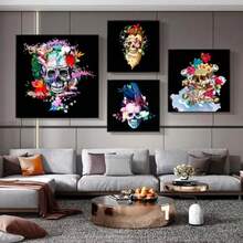 1 Stück Vintage abstrakte Wandkunst Blumen Totenkopf Halloween Stil Wandkunst Leinwand bedruckte Poster Heim Wohnzimmer Büro Dekoration ohne Rahmen - Verschiedenfarbig - Übersicht 2