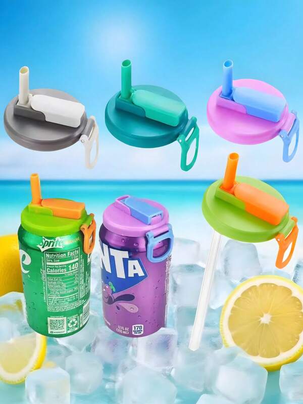 4 piezas/paquete Tapas de botellas de bebida multicolor, tapas de latas fáciles de tirar con pajitas, pajitas de silicona, tapas de latas selladas y fáciles de tirar reutilizables para refrescos, bebidas enlatadas, jugo, almacenamiento de alimentos, fiestas y regalos, adecuadas para Navidad, Halloween, vuelta al colegio