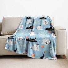 1pc Halloween Themed Plush Flannel Blanket, Featuring Ghost & Spider Web Patterns, Soft & Cozy Cartoon Halloween Themed Blanket, Ideal For Holiday Decor & Gifts, Suitable For Living Room, Bedroom, Office, Camping, Party, Autumn Design, Nap Blanket | Sofa Throw | Air Conditioning Blanket, Multiple Sizes Available, Bedroom Decor Blanket, Blue Blanket