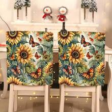 Housse de chaise courte en peluche, motif tournesol, fleurs et papillons, série automne (1/4/6/10 pièces), amovible, pour dossier, toutes saisons, décoration de vacances, pour salle à manger, salon, maison, avec protection dorsale, pour salle à manger, bureau, salon, hôtel et décoration d'intérieur.