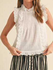 Womens Lace Trim Tank Tops  Sleeveless Round Neck Solid Color Tops Loose Fit Shirts - White - View 4