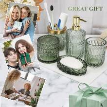 Green Bathroom Accessories Set, 5 Pcs Glass Bathroom Accessories With Lotion Soap Dispenser, Soap Dish, Toothbrush Holder, Tumbler, Cotton Swab Jars, Perfect For Bathroom Theme Gift - màu xanh lá - Xem 3