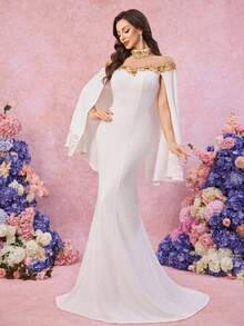 UNITHORSE UNITHORSE Women's Stand Collar Floating Piece Sleeve Appliques Slim-Fitting Knit Burlap Evening Dress