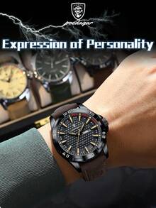 POEDAGAR 1件男士奢华防水夜光PU皮革石英腕表，男士运动日期星期显示腕表，休闲男士腕表，适合日常佩戴，男士礼物 - 均碼 - 查看 7