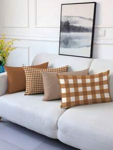 4 件橙色几何格子枕套，清新简约风格，家居装饰，沙发装饰靠垫套，方形仿亚麻抱枕套，现代沙发装饰枕套，无枕芯 - 橘色 - 查看 5