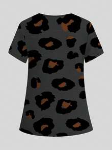 cimmuovere Women's V-Neck Loose Short Sleeve Leopard Print Double Pocket Scrubs Nurse Scrubs Workwear Dentist Healthcare Pet Hospital Laboratory Top